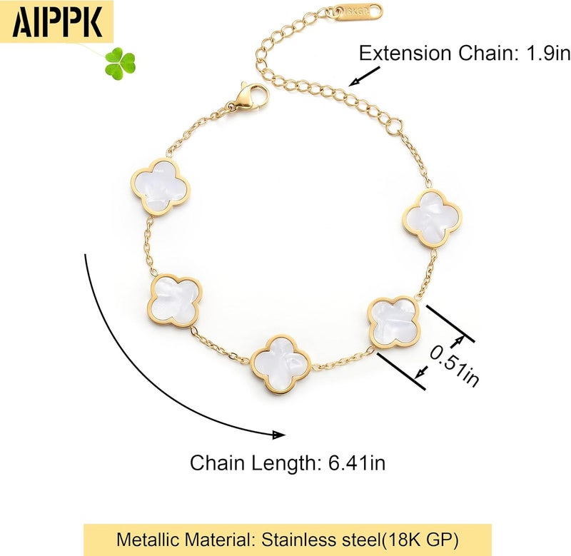 AIPPK 18K Gold Plated Clover Lucky Bracelet for Women White/Black/Red/Green Flower Four Leaf Link Bracelets Trendy Jewelry Gifts for Women - Image 2
